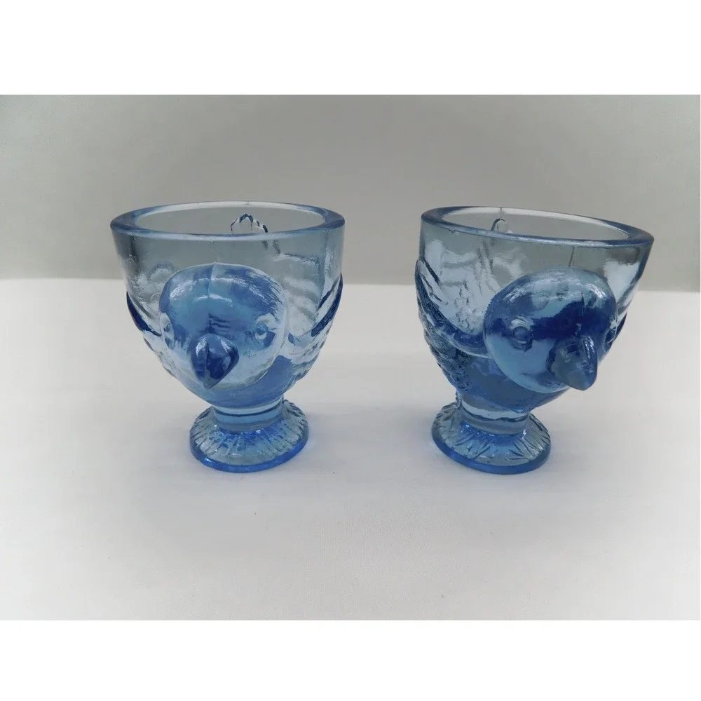 Set of 2 Vtg Arcoroc/Luminarc blue bird egg cups ice blue/aquamarine  France